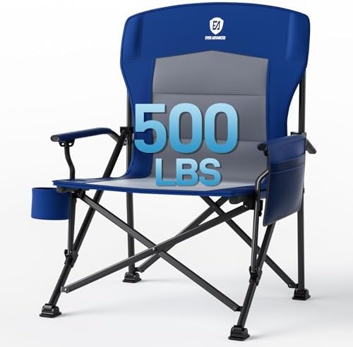 EVER ADVANCED Oversized Folding Camping Chair for Adults, Heavy Duty Lawn Chair with Side Pockets, Portable Collapsible Quad Chair for Outside, Support Up to 500lbs