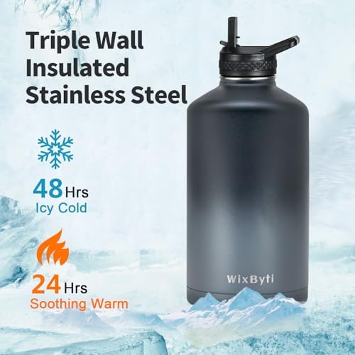 One Gallon Water Bottle Insulated with DIY Stickers, Triple Wall Vacuum Cold for 48 Hrs Leak-proof Non-BPA, 128oz Large Sports Stainless Steel Water Jug with Paracord Handle Straw Spout Lids