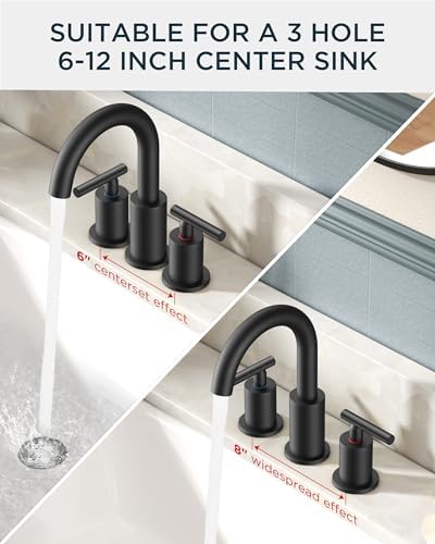 FORIOUS Bathroom Faucets, 8 Inch Widespread Matte Black Bathroom Sink Faucet 3 Hole with 360°Swivel Spout, Suitable for 6-12 Inch Vanity Sink, with Metal Pop-up Drain and cUPC Supply Line