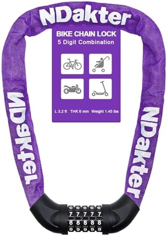 NDakter Bike Chain Lock, 5 Digit Combination Heavy Duty Anti Theft Bicycle Chain Lock,2.62/3.2/4.27/5/6Ft Long Security Resettable Bike Locks for Bike, Bicycle, Scooter, Door, Gate, Fence-4/6mm Thick
