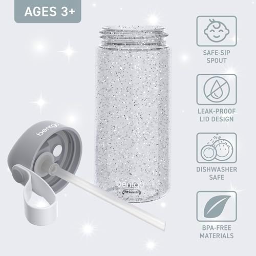 Bentgo Kids Water Bottle - Leak-Proof, Durable Tritan, BPA-Free 15 oz. Cup for Kids/Toddlers Ages 3+, Safe Sip Spout, Carrying Handle, & Dishwasher Safe for School (Glitter Edition - Silver)