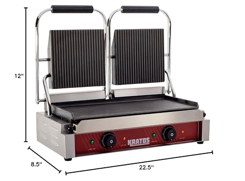 Kratos Commercial Electric Panini Sandwich Grill with Grooved Top and Smooth Bottom Plates, 18.7"x9" Cooking Surface, Commercial Countertop Panini Press, 120V, 3500W (29Y-025)