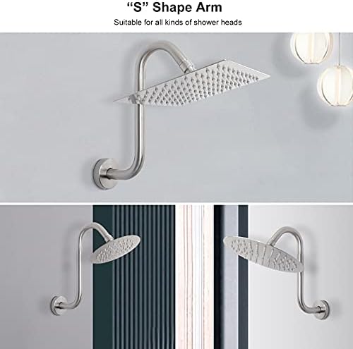 NearMoon S Shaped Shower Head Riser Pipe, Shower Extender Arm with Flange, Standard 1/2" Connection- Bathroom Accessory, 12 Inch (1 Pack, Brushed Nickel)