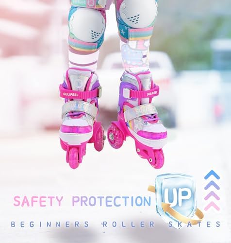 SULIFEEL Rainbow Unicorn 4 Size Adjustable Light up Roller Skates for Girls Boys for Kids