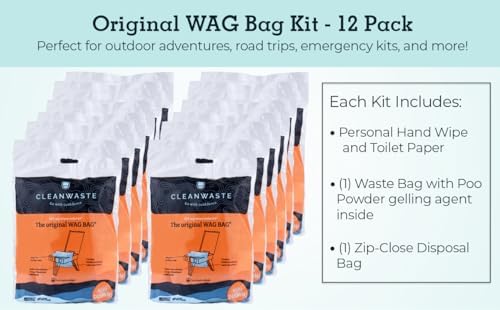 Cleanwaste Original WAG Bag Portable Toilet (12 Pack) - Go Anywhere Kit For Camping, Boating, Travel - NASA Gelling Powder for Poop/Pee