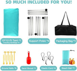 Beach Tent Sun Shelter UPF50+, 10x10 FT Family Beach Shade Canopy with 4 Aluminum Poles, Beach Blanket, Carrying Bag and Sand Shovel, Outdoor Pop Up Tent for Beach Camping Trips