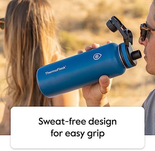 ThermoFlask Kids Bottle with Straw Lid - Durable & Dishwasher-Safe Water Bottles & Lids - Leak-Proof Bottle Lid Design - Reusable Water Bottles for Everyday Use - 14 oz, Harbor Grey/Denim (2 Pack)