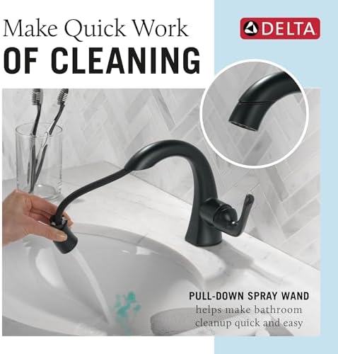 Delta Arvo 1 Hole Matte Black Bathroom Faucet with Sprayer, Single Hole Bathroom Sink Faucet with Pull Out Sprayer for Vanity, Push-Pop Drain, Matte Black 15840LF-BLPD