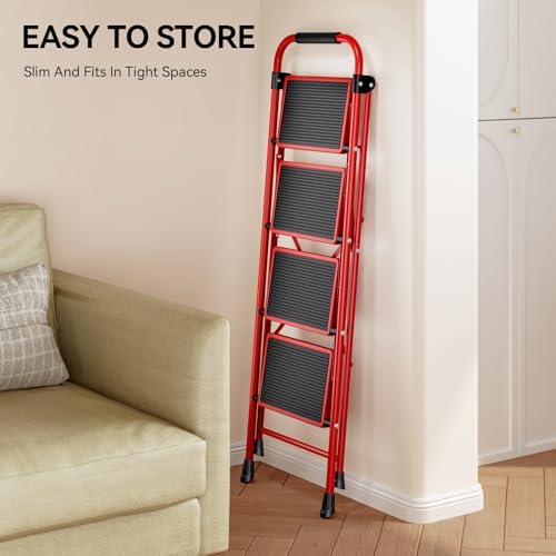KINGRACK Step Ladder, Folding Ladder with Non-Slip and Wide Pedal, Small Ladders with Handle, Heavy Duty Steel Ladder, Lightweight Step Ladder (Red, 4 Step Ladder)