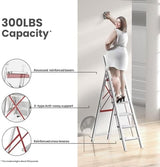 6 Step Ladder, Folding Step Stool with Handgrip and Anti-Slip Wide Pedal, Portable Lightweight Aluminum Stepladder for Kitchen, Home, Library, Office (300 lbs Capacity) - White