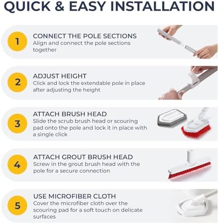 Shower Scrubber with Long Handle, Stiff Bristles Grout-Brush, Tub Scrub-Brush with Long-Handle, Shower-Cleaner Brush, Grout Cleaning Brush for Tile floors, Scouring Pad & Microfiber Cloth for Bathroom