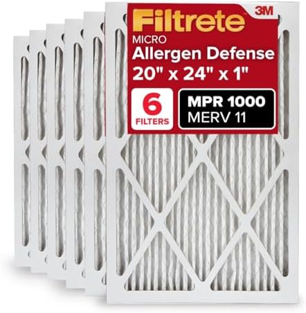 Filtrete 20x24x1 AC Furnace Air Filter, MERV 11, MPR 1000, Micro Allergen Defense, 3-Month Pleated 1-Inch Electrostatic Air Cleaning Filter, 6 Pack (Actual Size 19.81x23.81x0.81 in)