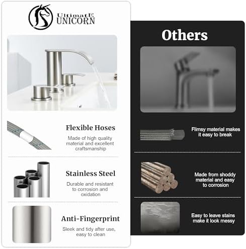 Ultimate Unicorn 8 inch Bathroom Faucet Brushed Nickel, Waterfall Bathroom Sink Faucet with Metal Pop-up Sink Drain Stopper and 2 Supply Hoses,2 Handle Widespread Faucet for Vanity Sink 3 Holes