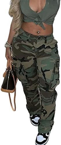 Womens Camo Cargo High Waist Pants Camouflage Military Elastic Trousers with Pockets