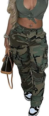 Womens Camo Cargo High Waist Pants Camouflage Military Elastic Trousers with Pockets