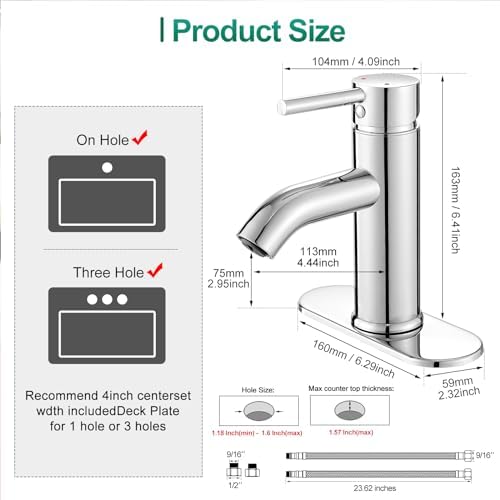 VOTON Modern Bathroom Faucet Chrome Single Handle One Hole Sink Faucet Commercial Lavatory Vanity Sink Faucet with 3/8" Hoses and Deck Plate