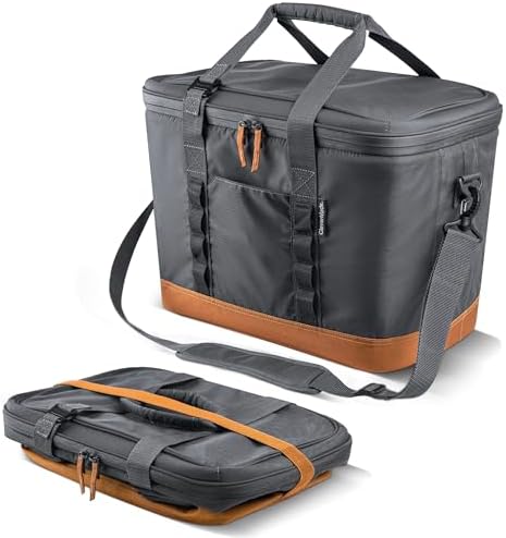 CleverMade Collapsible Cooler Bag, 50 Can Beach & Travel Car Cooler, Folding Soft Cooler, Shoulder Strap, Bottle Opener, Great Car Coolers for Travel, Leak Proof Cooler Bag [Cool Gray/Cognac]