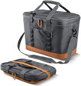 CleverMade Collapsible Cooler Bag, 50 Can Beach & Travel Car Cooler, Folding Soft Cooler, Shoulder Strap, Bottle Opener, Great Car Coolers for Travel, Leak Proof Cooler Bag [Cool Gray/Cognac]