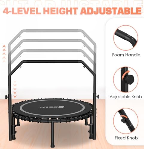 BCAN 450/550 LBS Foldable Mini Trampoline, 40"/48" Adult Fitness Trampoline with Bungees, U Shape Adjustable Foam Handle, Stable & Quiet Exercise Rebounder,Indoor/Outdoor Workout