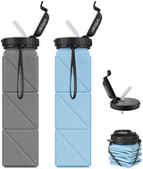 Collapsible Water Bottles, BPA-Free Silicone Foldable Water Bottle Cup with Straw Strap,Leak-Proof Durable Lightweight Bottle for Gym Travel Camping Hiking Running Sport,2Pack(Gray+Blue)