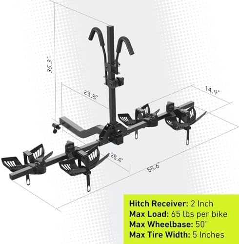 Vibrelli Hitch Bike Rack - 2 Ebike Rack - Fits Fat Tire, Mountain Bike, Electric Bikes, Road - 65lbs per Bike - Patented Anti-Wobble - Cars & SUV - Tilting Folding Platform Car Racks, 2-Inch Receiver