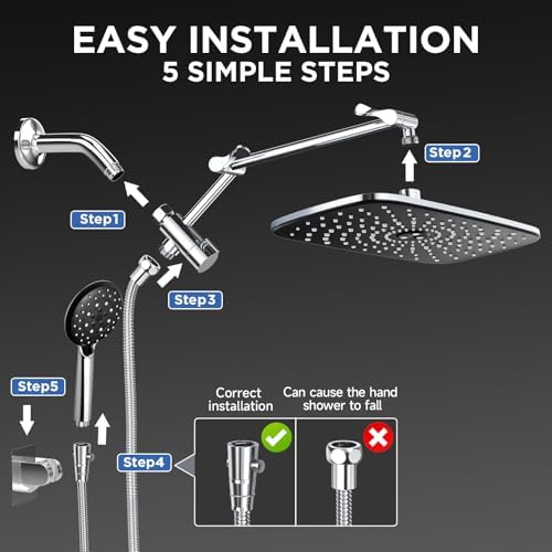 Veken [1.8gpm Eco-Flow] 11.8 Inch Rain Shower Head with 6 Modes Handheld Water Spray,Wide Showerhead Combo with Extension Arm-housewarming gifts, Dual Shower with Anti-Clog Nozzles,Silver Chrome