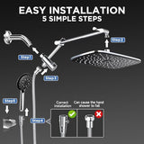 Veken [1.8gpm Eco-Flow] 11.8 Inch Rain Shower Head with 6 Modes Handheld Water Spray,Wide Showerhead Combo with Extension Arm-housewarming gifts, Dual Shower with Anti-Clog Nozzles,Silver Chrome