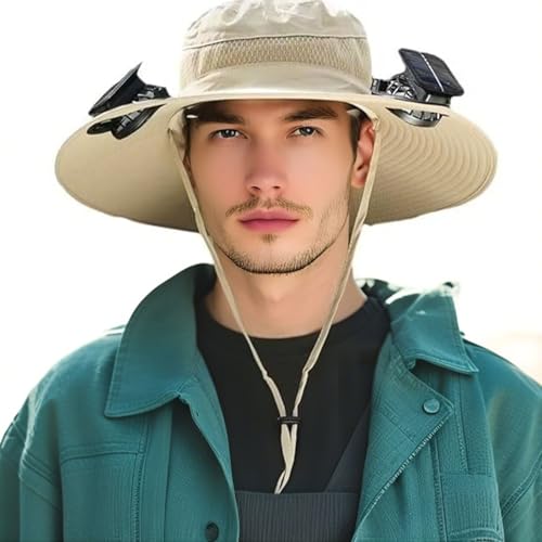 Wide-Brimmed Solar Fan Hat with 2 Solar FansFishing Hat Built in Solar Fan for Outdoor ActivitiesWith USB Charging Port (US, Alpha, One Size, Khaki)