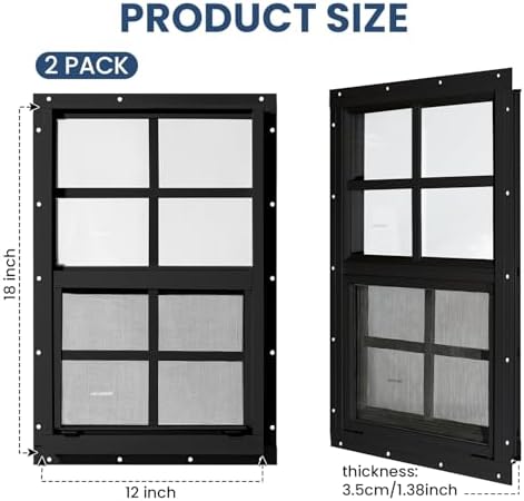 COLORPAPA 2 Pack Shed Windows,12" x 18" Small Sliding Windows,Flush Mount Windows with Tempered Glass and Fiberglass Screen for Shed, Chicken Coop, Playhouse, Household, Garage, Barns (Black)