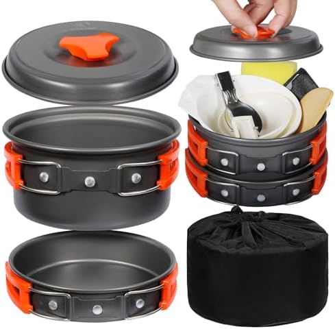 REDCAMP 12/14/15/19 PCS Camping Cookware Mess Kit Camping Gear Campfire Utensils Lightweight Stackable Pot Pan Bowls Soup Spoon with Storage Bag for Camping, Backpacking, Outdoor Cooking, Picnic