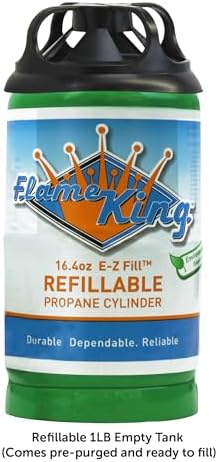 Flame King Refillable 1LB Empty Propane Cylinder Tank - Reusable - Safe and Legal Refill Option - DOT Compliant - 16.4 oz, Green