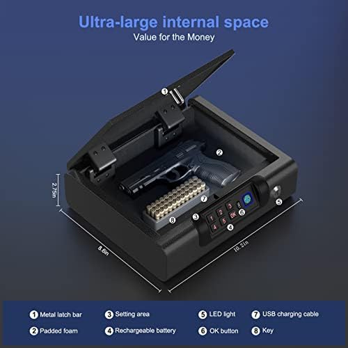 Gun Safe,Biometric Gun Safe for Pistols 3-Ways unlock Fingerprint Digital PIN Key Unlock with Sound, Lock box for Cloakroom living room Bedroom Nightstand and Car BILLCONCH