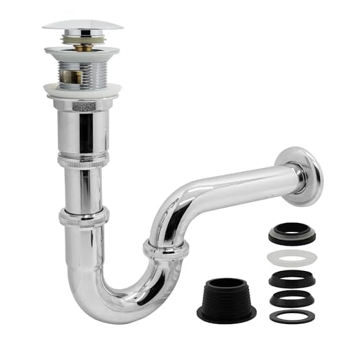 VANCOCO Washbasin Waste Set with Overflow (chrome), Universal Siphon Washbasin with pop-up Waste Valve, Brass Washbasin Waste Set