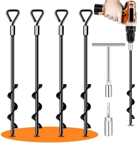 Ground Anchors Screw in Tent Stakes Heavy Duty Trampoline Stakes High Winds, Ground Anchors for Camping Tent, Canopies, Carports, Sheds, Swing Sets, Canopy Stakes Kit, Mobile Home Anchors 4 Pack