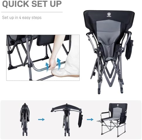 EVER ADVANCED Camping Directors' Chair with Side Table, Portable Folding with Compact Size, Heavy Duty Lawn Chair with Pocket for Camping, Lawn, Sports and Fishing, 400lbs, Black 2 Pack