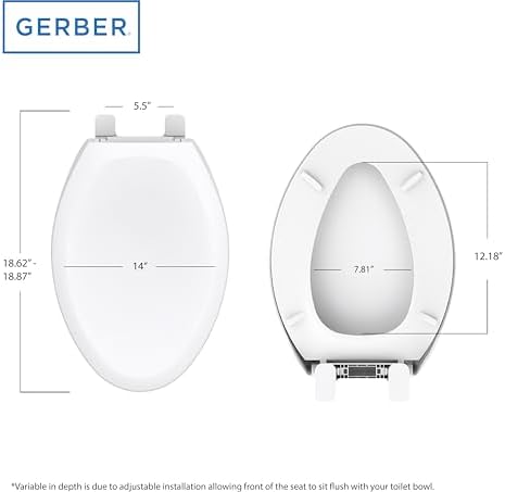 Gerber Elongated Toilet Seat with Cover, Soft Close, No Slam, Quick & Easy Install, Heavy-Duty Plastic, Adjustable Fit for Standard Elongated Toilets, Durable & Fade-Resistant, White G0099213