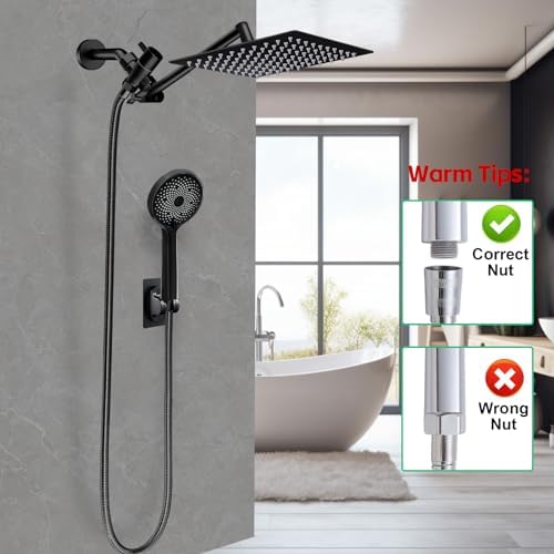 Shower Head,10”Rain Shower Head with Handheld Spray Combo and Adjustable Extension Arm/3-Way Flow Regulator/Shower System,High Pressure Rain Fall Hose,Matt Black