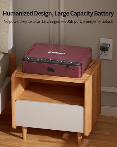 BILLCONCH Gun Safe for Handgun - Biometric Gun Safe 4 Ways Quick Access with Fingerprint/Full-digital Keypad/Key/APP Lock Handgun Pistol Safe for Nightstand Bedside Home - Burgundy Red