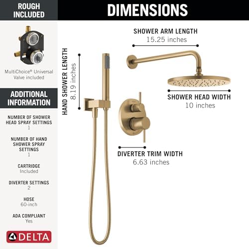 Delta Faucet Modern Raincan 2-Setting Round Shower System Including Rain Shower Head and Handheld Spray Gold, Rainfall Shower System Gold, Shower Valve and Trim Kit, Champagne Bronze 342702-CZ