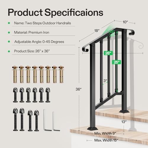 VIVOSUN Outdoor Handrail, 2 Step Stair Handrail, 26" x 36" Fits 1 to 2 Steps, Wrought Mattle Iron Stair Railing with Curved Ends and Balusters for Concrete Steps, Porch Steps, One-step Assembly, Black