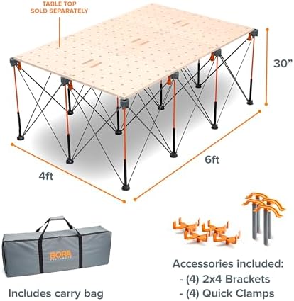 BORA Centipede CK12S 30 inch height Portable Work Stand, Includes 4 X-Cups, 4 Quick Clamps, Carry Bag, Portable Work Support Sawhorse, 4Ft x 6Ft, 30 inch work height, 4500lb weight capacity