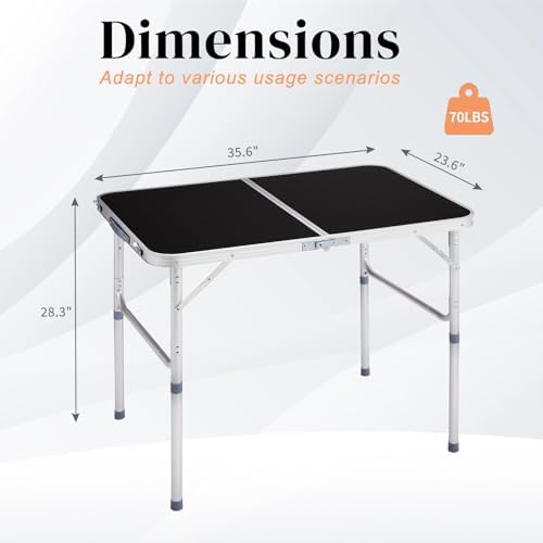 3.0 Ft Folding Portable Camping Table with Adjustable Height Legs, RV Dining Tables, Grill, DJ, BBQ, Dining, Picnic, Cooking, Beach, Garden, Black