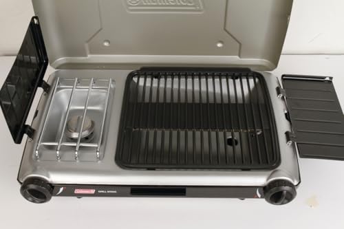 Coleman Tabletop 2-in-1 Grill & Stove with 2 Adjustable Burners, Propane Grill/Stove with Push-Button Starter, Wind Guards, Grease Tray, & 20,000 BTUs of Power for Camping, Tailgating, & More