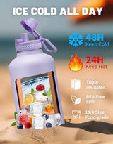 Half Gallon Water Bottle Insulated - 64 oz Water Bottle with Carrying Sleeve, Paracord Handle, Straw Spout Lid, Leak-proof Metal Hydro Water Jug for Workout Sport Hiking Gym, Purple Big Flask Thermo