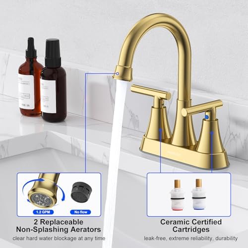 Bathroom Faucets for Sink 3 Hole, Hurran 4 inch Brushed Gold Bathroom Sink Faucet with Pop-up Drain and Supply Hoses, Stainless Steel Lead-Free Centerset Faucet for Vanity RV, 2 Pack