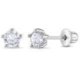 In Season Jewelry Solitaire Simulated Birthstone Kids Earrings - 925 Sterling Silver Hypoallergenic Earrings for Girls with Secure Screw Backs - Safe & Comfortable for Kids & Little Girls, Clear