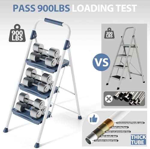 KINGRACK 3 Step Ladder, 900lbs Sturdy Step Stool with Handrail, Non-Skid Wide Pedals, Foldable 3 Stepladder with Safety Locking for Home, Garage, Garden, Office, Blue