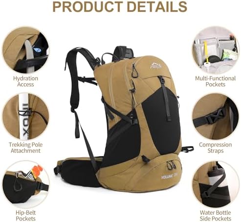 Hiking Backpack,35L Waterproof Hiking Daypack with 3L Water Bladder and Rain Cover, Lightweight Travel Camping Backpack for Men Women (Khaki)