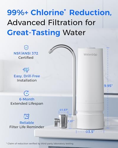 Waterdrop Countertop Water Filter, 4000 Gallons Water Filter for Sink Faucet and Filter Life Reminder, Reduces Heavy Metals, Bad Odor, and 99% Chlorine (1 Filter Included) WD-CTF-05