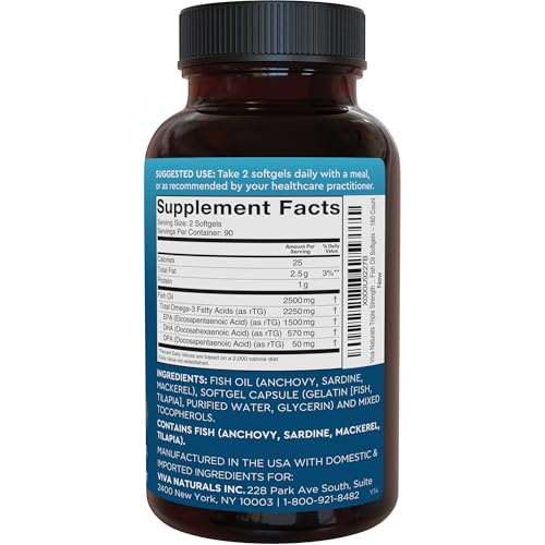 Triple Strength Omega 3 Fish Oil Supplement for Men and Women – 2500 mg High-Potency, Easy-to-Absorb Re-esterified Triglyceride Form, Pescatarian-Friendly DPA EPA DHA Omega 3 Supplement, 180 Softgels